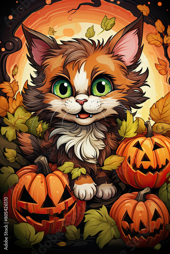 A painting featuring a cat in the center  surrounded by pumpkins in various sizes