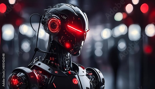 Futuristic man robot with splendid armor with red details. High definition. Technology Futuristic. Epic image. Helmet.  photo