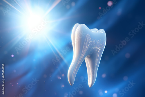 A high-resolution 3D rendering of a solitary tooth glowing under a spotlight, set against a swirling deep blue background. 
