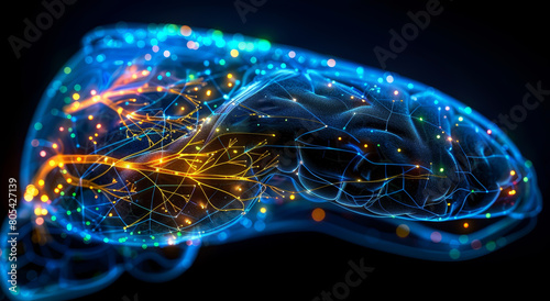 This image offers a visually stunning representation of neural activity within the human brain, using vibrant colors and dynamic light paths to illustrate the complex network of connections.