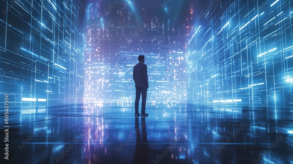 Back view of young businessman standing in futuristic business interface interior. Back view of young businessman standing in futuristic business interface interior.