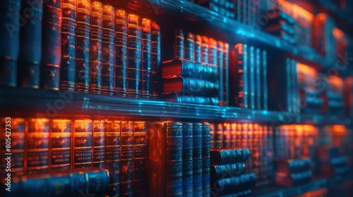 Close up of thick books on shelfs with glow highlights, against a dark background