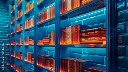 Close up of bookshelfs, thick book on it with glow highlights, against a blue-black tiled background photo