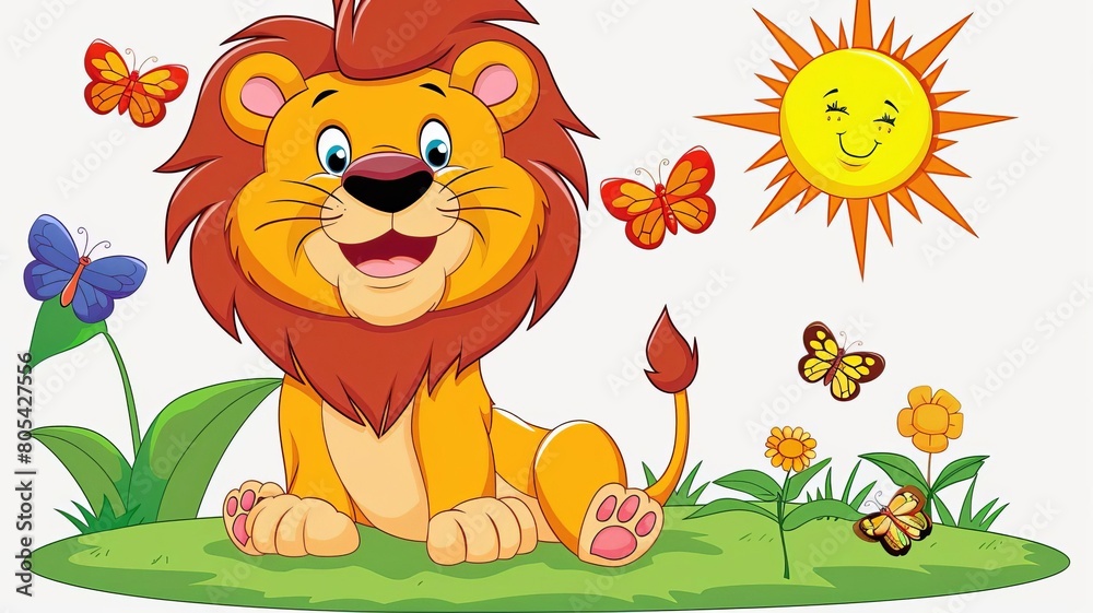 A cute cartoon illustration of a cheerful lion cub playing with butterflies under a bright sun, The images are of high quality and clarity A cute cartoon illustration of a cheerful lion cub playing with butterflies under a bright sun, The images are of high quality and clarity