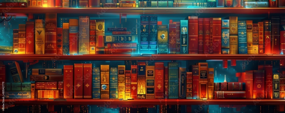 Captivating image of vibrant books on a shelf with dynamic orange and blue lighting, creating a magical library atmosphere.