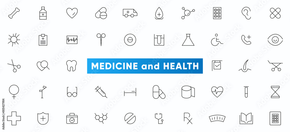 Medicine and Health Care line icons set. Healthcare, medical, medicine, check up, doctor, dentistry, pharmacy, lab, scientific discovery icons collection. Outline icon collection.