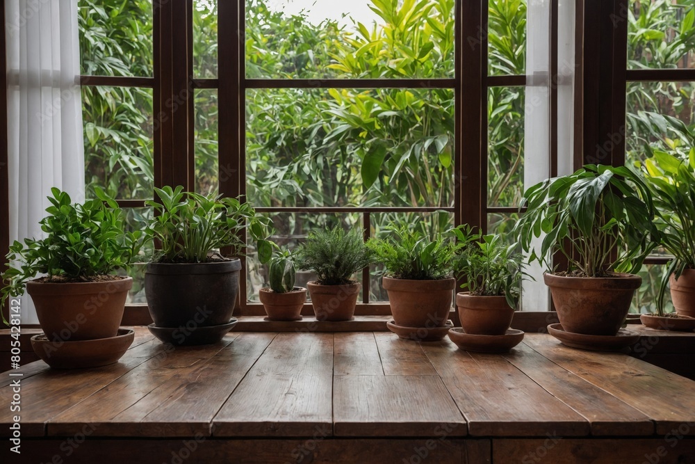 wooden table in front of large window with lots of potted plants surrounding it wooden table in front of large window with lots of potted plants surrounding it