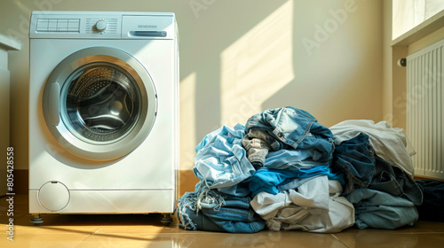 free space on the left corner for title banner realistic photo: image of dirty laundry piled up photo