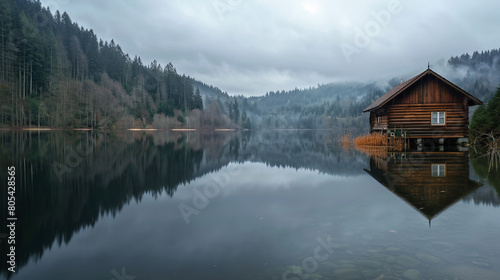 A wooden cabin perched on the edge of a serene lake  surrounded by forest. The grey sky above reflects in the still water 