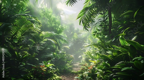 Virtual reality jungle adventure with dense foliage and exotic wildlife, an expedition into the unknown.