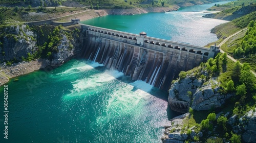 Hydropower reservoirs store water at higher elevations,  allowing for controlled release to generate electricity as needed photo