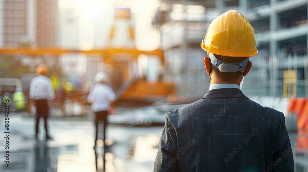 A Businessman Wearing a Hardhat Surveys Colleagues in Teamwork A Businessman Wearing a Hardhat Surveys Colleagues in Teamwork