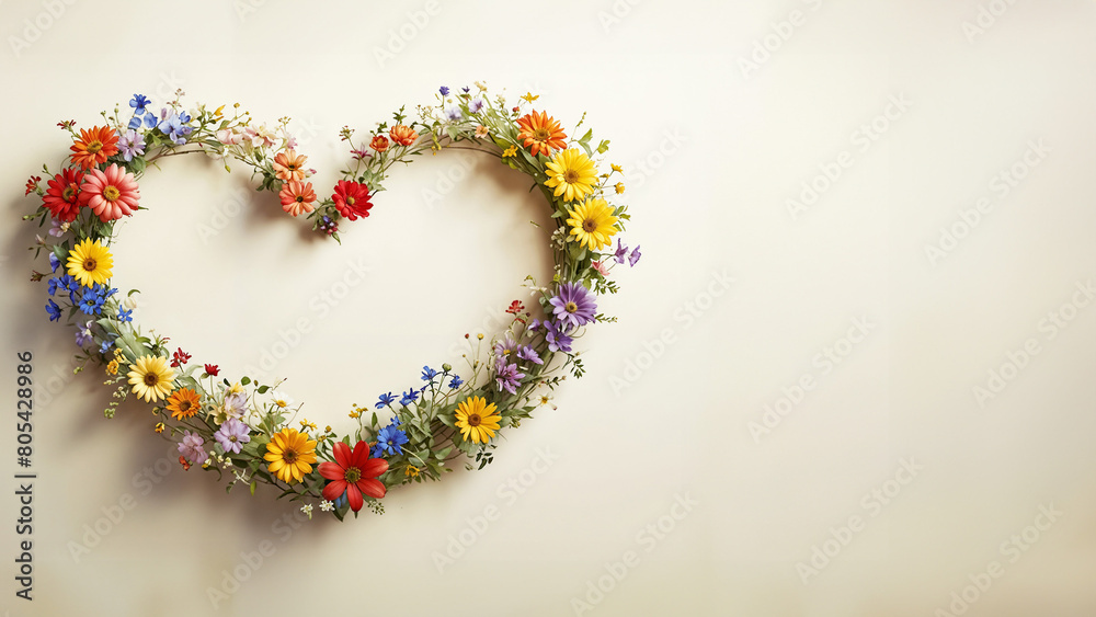 Summer flowers, berries, heart shape with copy spase. For posters, greeting cards.
