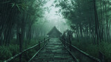 A wooden bridge leads to a hidden house within a thick bamboo grove. The overcast sky filters light through the dense canopy, c