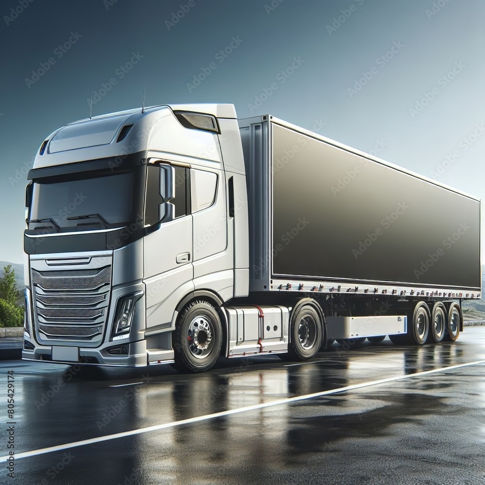 Modern White Semi-Truck with Trailer Ready for Long Haul Freight Transport on Road Modern White Semi-Truck with Trailer Ready for Long Haul Freight Transport on Road