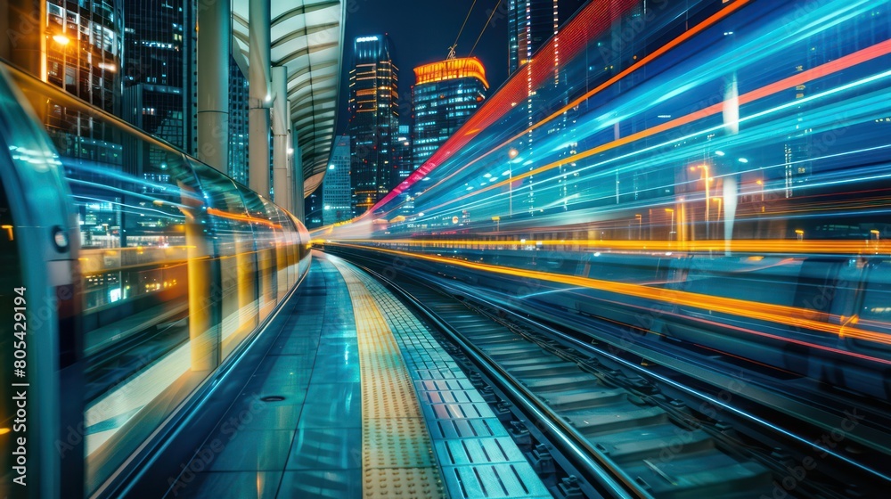 A dynamic image capturing the swift motion of a high-speed train passing through a brightly lit urban area at night