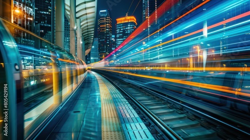 A dynamic image capturing the swift motion of a high-speed train passing through a brightly lit urban area at night