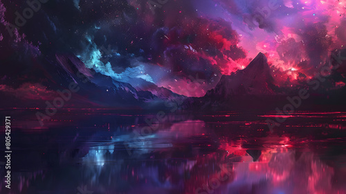 Fantasy landscape with mountains, lake and stars. photo