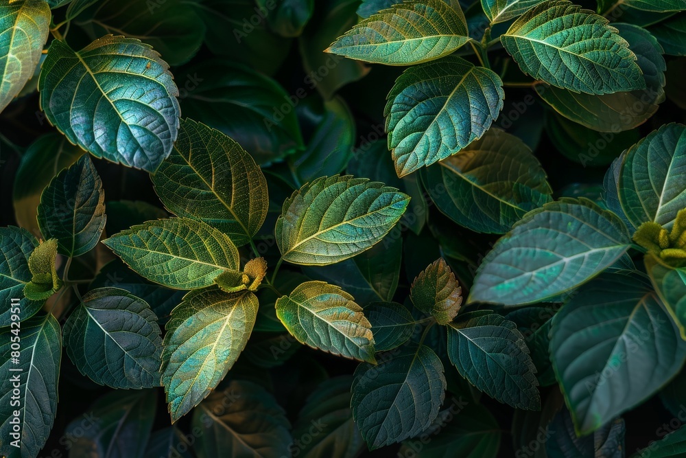 Close-Up Of  Dark green leaves. Beautiful simple AI generated image in 4K, unique.