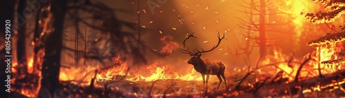 A deer stands in the middle of a raging forest fire