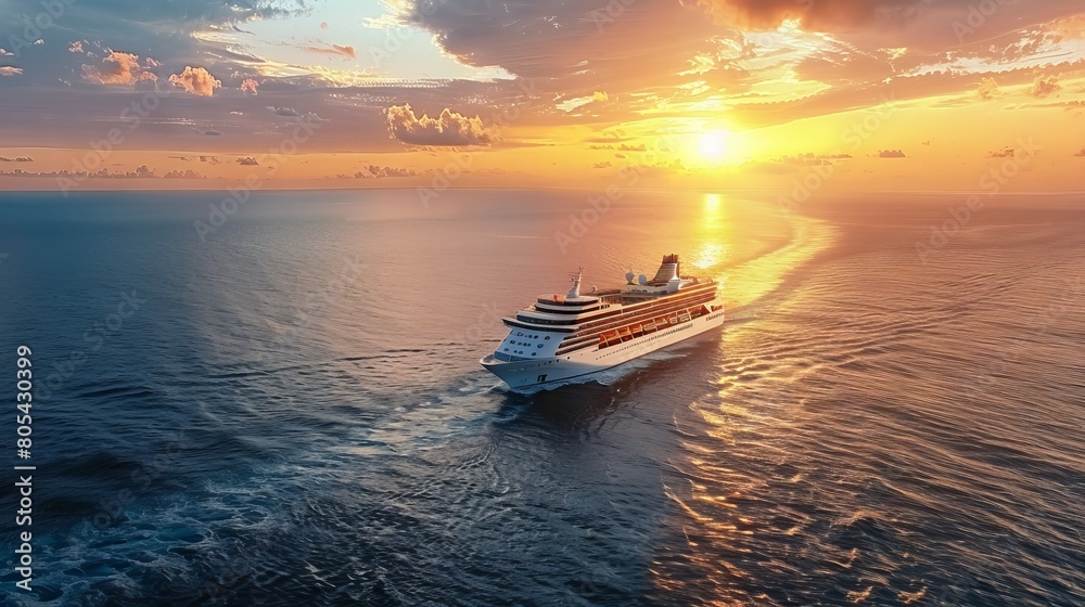 A large cruise ship sails through the ocean at sunset, with vivid sky and sea colors. A large cruise ship sails through the ocean at sunset, with vivid sky and sea colors.