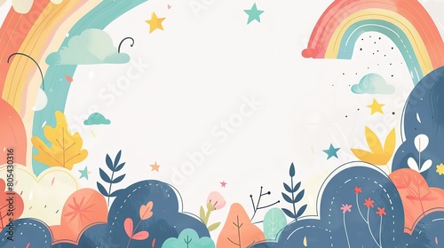flower field with cloud star rainbow and tree cute cartoonish page print border design  with blank empty space for mock up message background  