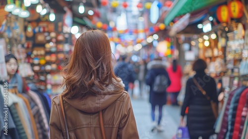 Young asian woman traveler traveling and shopping in Myeongdong street market at Seoul, South Korea. Myeong Dong district is the most popular shopping market at Seoul city. 