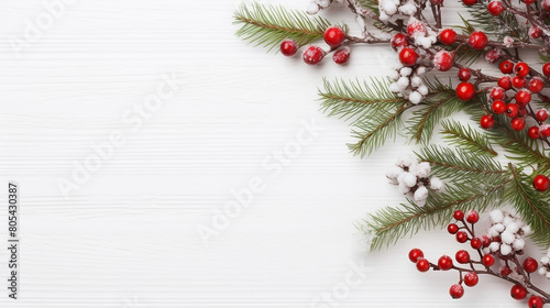 Happy Holidays Branches and Berries Over White Background with Copy Space. New Year and Christmas