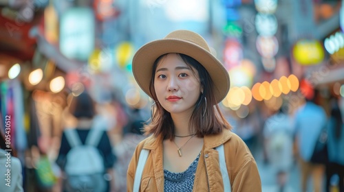 Young asian woman traveler traveling and shopping in Myeongdong street market at Seoul, South Korea. Myeong Dong district is the most popular shopping market at Seoul city