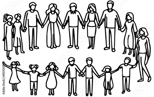 Continuous line drawing, People, Family, group, Crowd Parents with child. Black isolated on white background. Hand drawn vector illustration