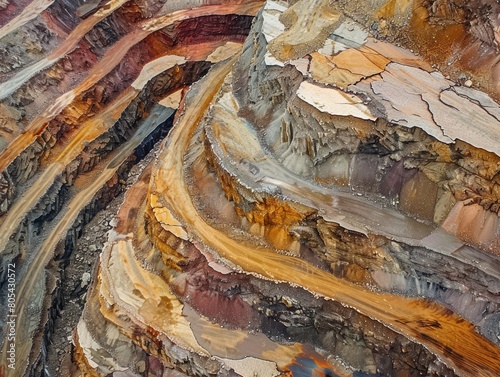 Intimate view of earth and rocks at an open pit mine, focusing on the details and colors of extracted minerals, close-up photo