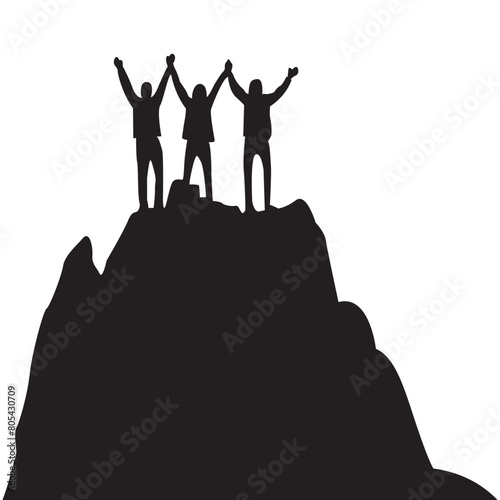  hike and success concept, group of travelers or friends celebrating triumph on edge of mountain over starry night sky or space background vector illustration,