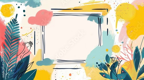 lush garden with paint brush stoke cute cartoonish page print border design, with blank empty space for mock up message background photo