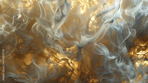 Wisps of smoke in an elegant ballet of gold and silver  creating a luxurious  swirling pattern that exudes opulence.