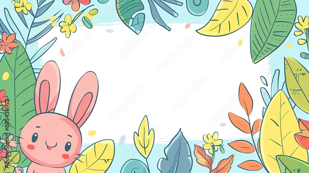 happy rabbit in garden with blank frame cute cartoonish page print border design, with blank empty space for mock up message background
