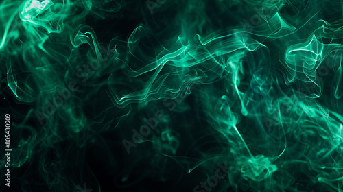 Wispy smoke tendrils in jet black, illuminated by a subtle neon light texture in emerald green, creating a lush, vivid background.