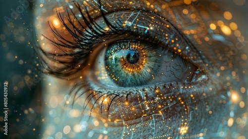 A close-up of a human eye overlaid with shimmering circuitry, symbolizing the blend of biology and technology