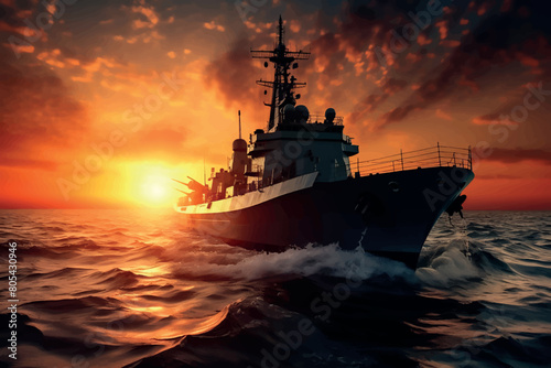 Warship in the stormy sea. 3D illustration