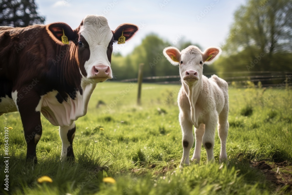 Cow and calf on a farm, livestock development concept
