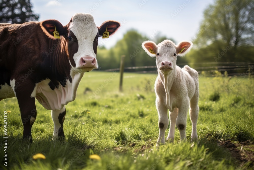 Cow and calf on a farm, livestock development concept
Cow and calf on a farm, livestock development concept