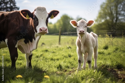Cow and calf on a farm, livestock development concept 