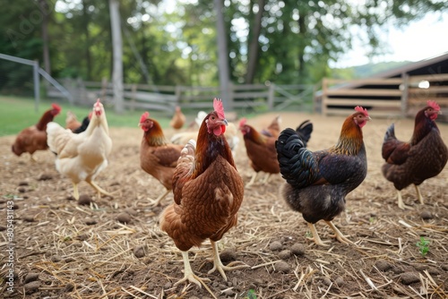 Chickens on a chicken farm grazing outdoors, domestic animal husbandry concept 