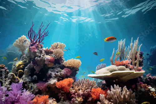 Underwater sea bottom background with coral reef. Deep blue ocean undersea landscape. Cartoon style digital illustration.