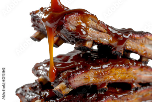 Glistening Delight: A Pile of Chicken Ribs Drenched in Sweet BBQ Sauce. On Transparent Background.