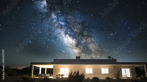 A white house during a clear night, with the Milky Way visible in the sky above. The house's exterior lights are carefully balanced to allow for stargazing,  photo