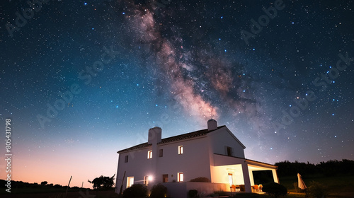 A white house during a clear night, with the Milky Way visible in the sky above. The house's exterior lights are carefully balanced to allow for stargazing,  photo