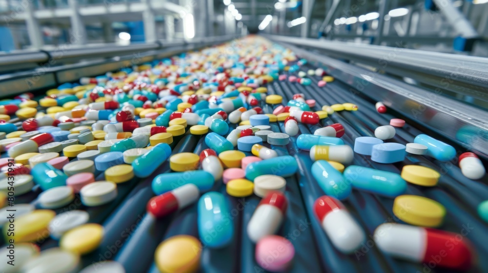 Pills and capsules on conveyor belt in pharmaceutical factory. Pharmaceutical industry Pills and capsules on conveyor belt in pharmaceutical factory. Pharmaceutical industry