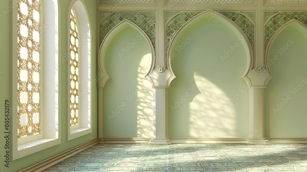 Green, white and beige colors mosque wall with arch. Arabic luxury and elegant style