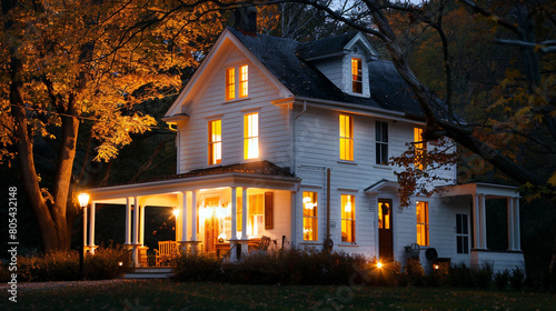 A white country house at night, with warm lights spilling from windows and an inviting porch light. The house is set against a backdrop of mature trees,