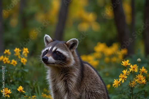 A raccoon in a forest with yellow flowers © fitriyatul
